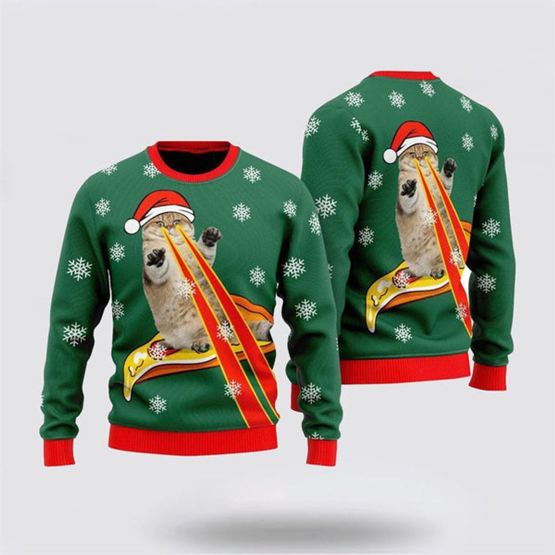 FUNSTUFFPRINT Pizza Cat Christmas Hat With Laser Eyes Ugly Christmas Sweater For Men And Women, Best Gift For Christmas, Christmas Fashion Winter Ugly  Sweater