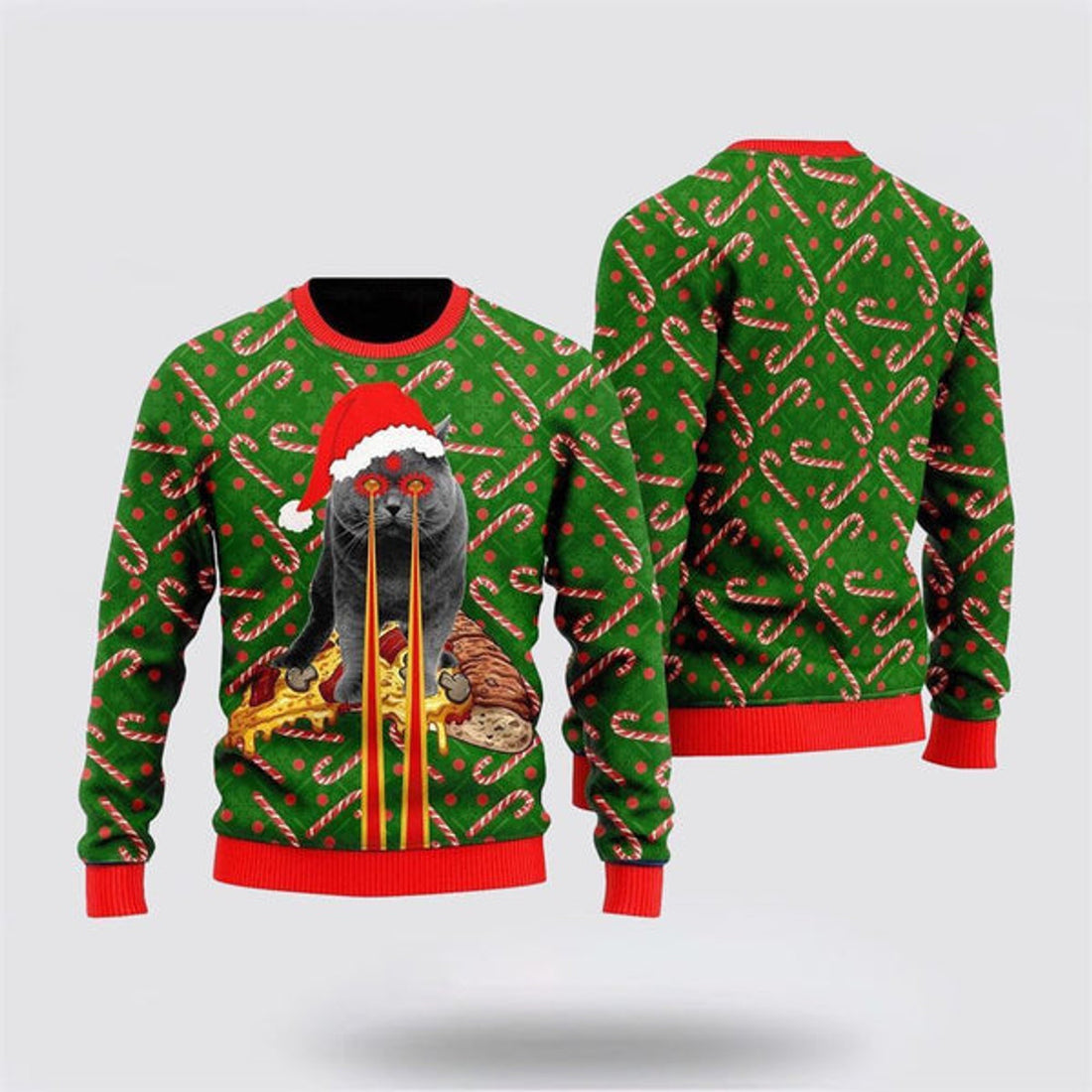 FUNSTUFFPRINT Pizza Cat With Laser Eyes Christmas Ugly Christmas Sweater For Men And Women, Best Gift For Christmas, Christmas Fashion Winter Ugly  Sweater