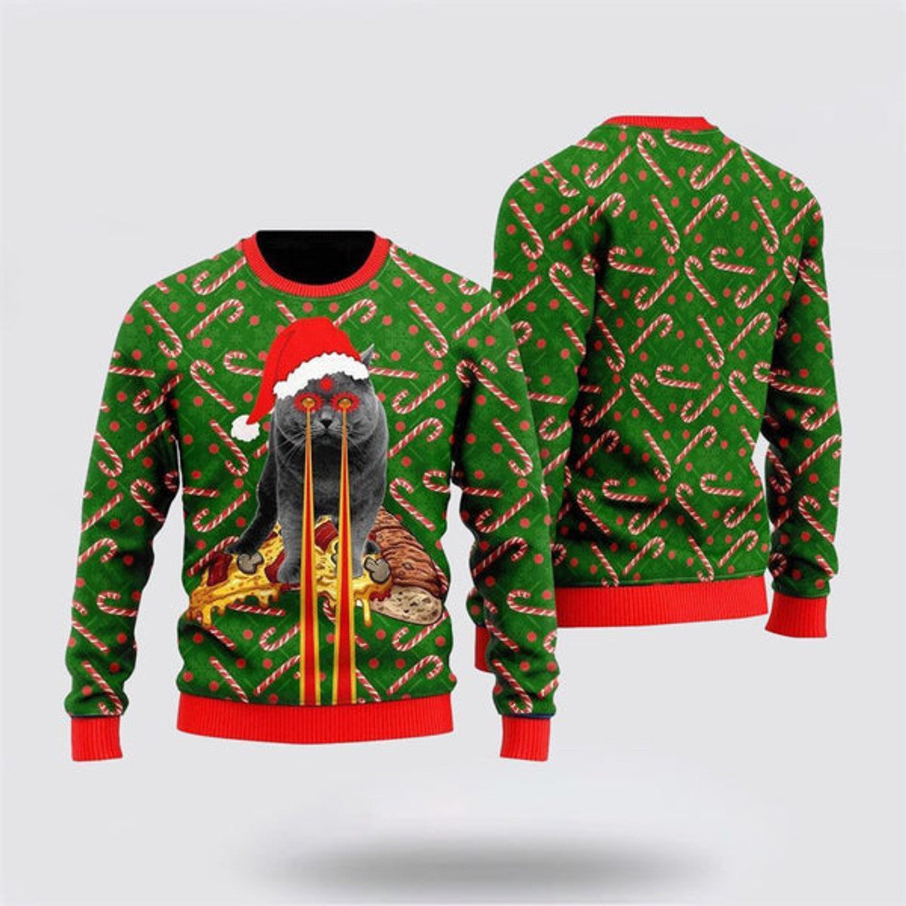 FUNSTUFFPRINT Pizza Cat With Laser Eyes Christmas Ugly Christmas Sweater For Men And Women, Best Gift For Christmas, Christmas Fashion Winter Ugly  Sweater