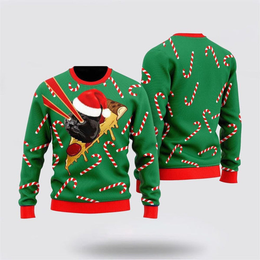FUNSTUFFPRINT Pizza Cat With Laser Eyes Ugly Christmas Sweater For Men And Women, Best Gift For Christmas, Christmas Fashion Winter Ugly  Sweater