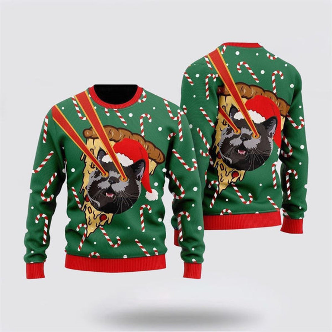 FUNSTUFFPRINT Pizza Cat With Laser Eyes Xmas Ugly Christmas Sweater For Men And Women, Best Gift For Christmas, Christmas Fashion Winter Ugly  Sweater