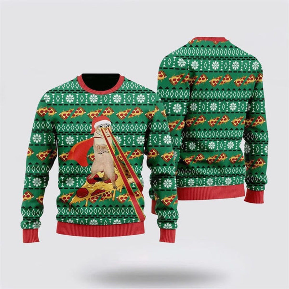 FUNSTUFFPRINT Pizza Cat laser Eye Ugly Christmas Sweater For Men And Women, Best Gift For Christmas, Christmas Fashion Winter Ugly  Sweater