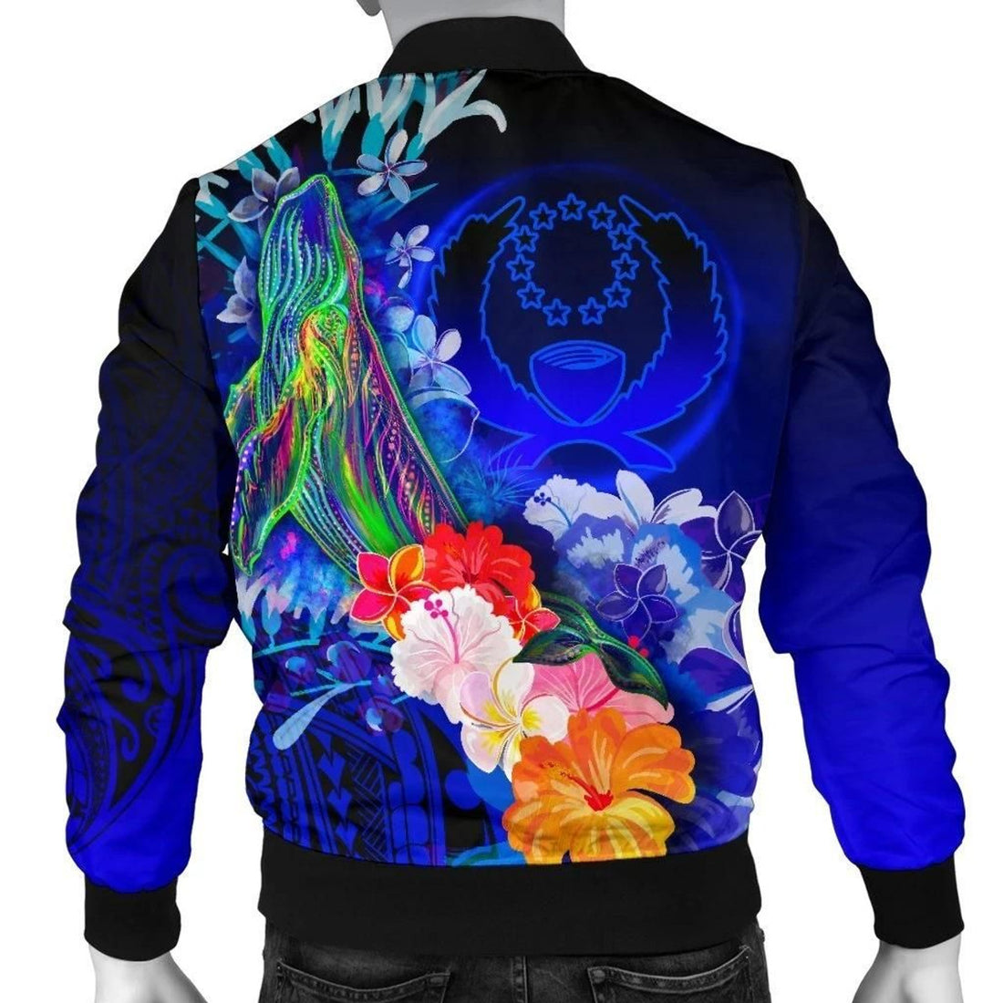 FUNSTUFFPRINT Pohnpei Custom Personalised Men's Bomber Jacket - Humpback Whale with Tropical Flowers (Blue)- 3D Bomber Jacket