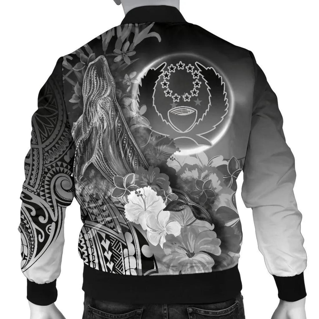 FUNSTUFFPRINT Pohnpei Custom Personalised Men's Bomber Jacket - Humpback Whale with Tropical Flowers (White)- 3D Bomber Jacket