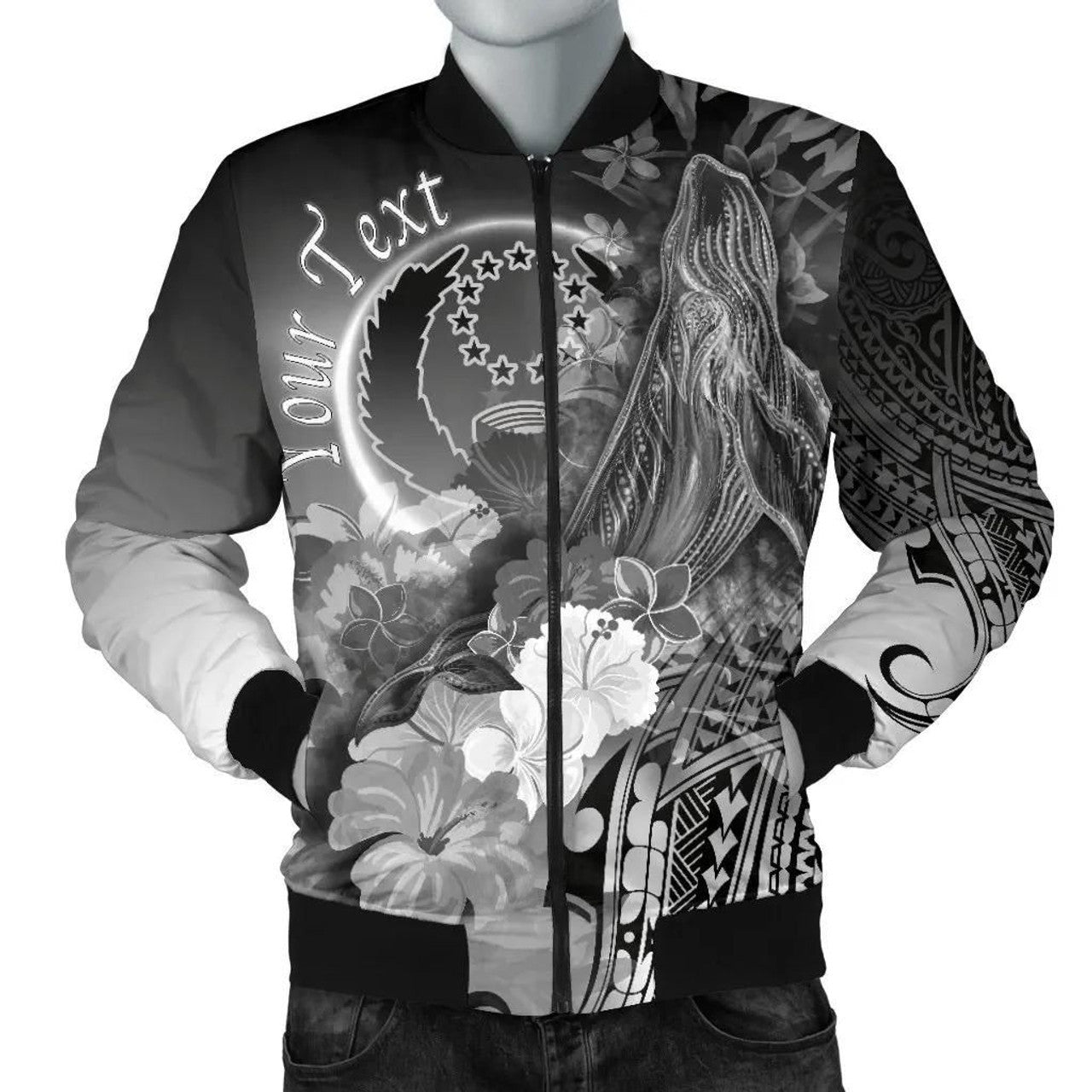 FUNSTUFFPRINT Pohnpei Custom Personalised Men's Bomber Jacket - Humpback Whale with Tropical Flowers (White)- 3D Bomber Jacket