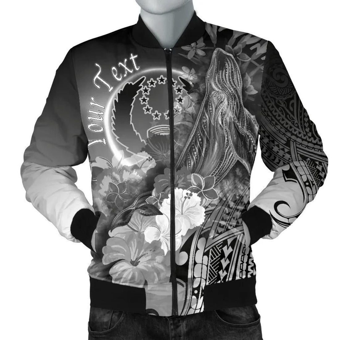 FUNSTUFFPRINT Pohnpei Custom Personalised Men's Bomber Jacket - Humpback Whale with Tropical Flowers (White)- 3D Bomber Jacket