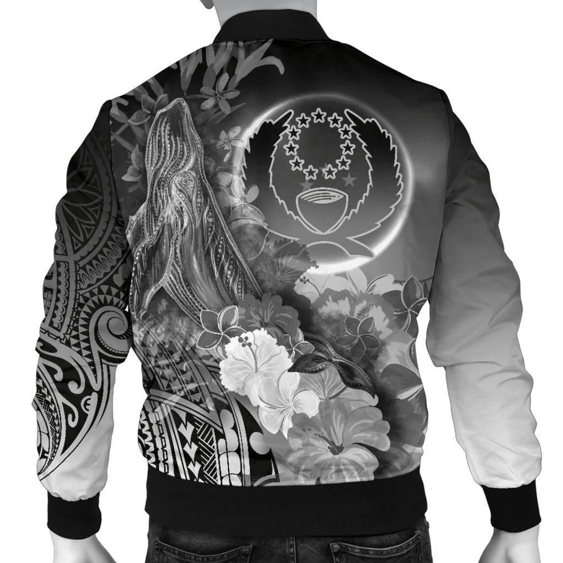 FUNSTUFFPRINT Pohnpei Men's Bomber Jacket - Humpback Whale with Tropical Flowers (White)- 3D Bomber Jacket