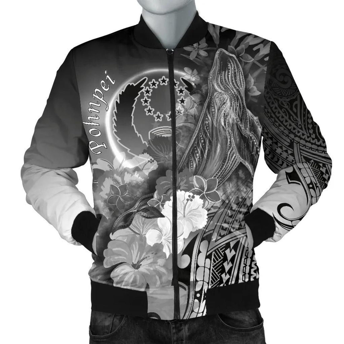 FUNSTUFFPRINT Pohnpei Men's Bomber Jacket - Humpback Whale with Tropical Flowers (White)- 3D Bomber Jacket