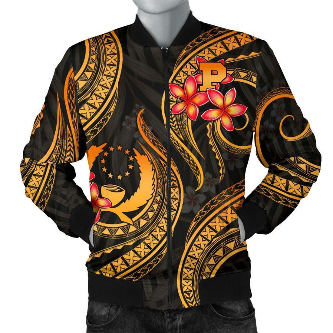 FUNSTUFFPRINT Pohnpei Micronesian Men Bomber Jacket - Gold Plumeria - 3D Bomber Jacket
