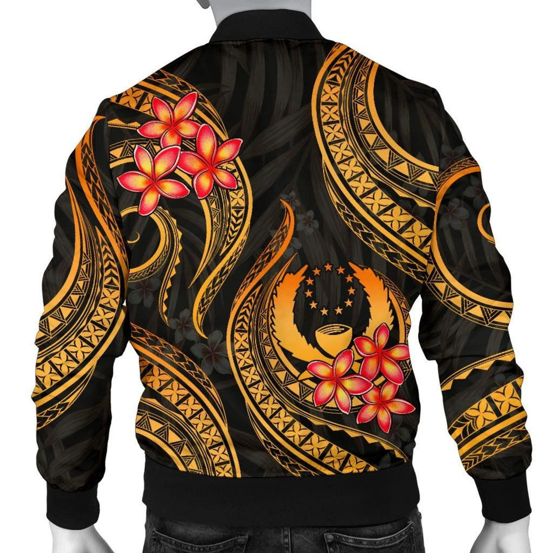 FUNSTUFFPRINT Pohnpei Micronesian Men Bomber Jacket - Gold Plumeria - 3D Bomber Jacket