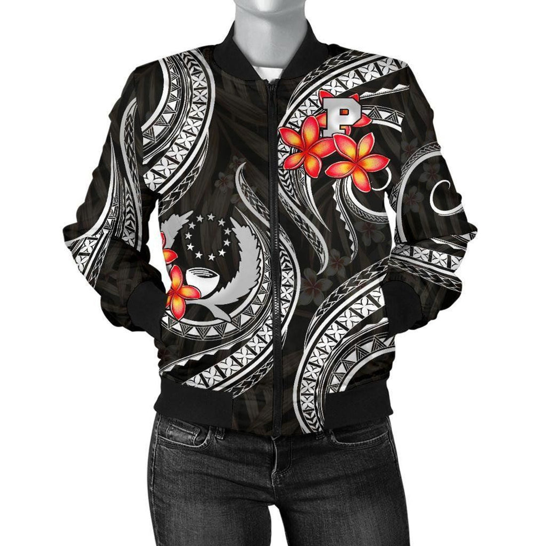 FUNSTUFFPRINT Pohnpei Micronesian Women Bomber Jacket - Black Plumeria - 3D Bomber Jacket