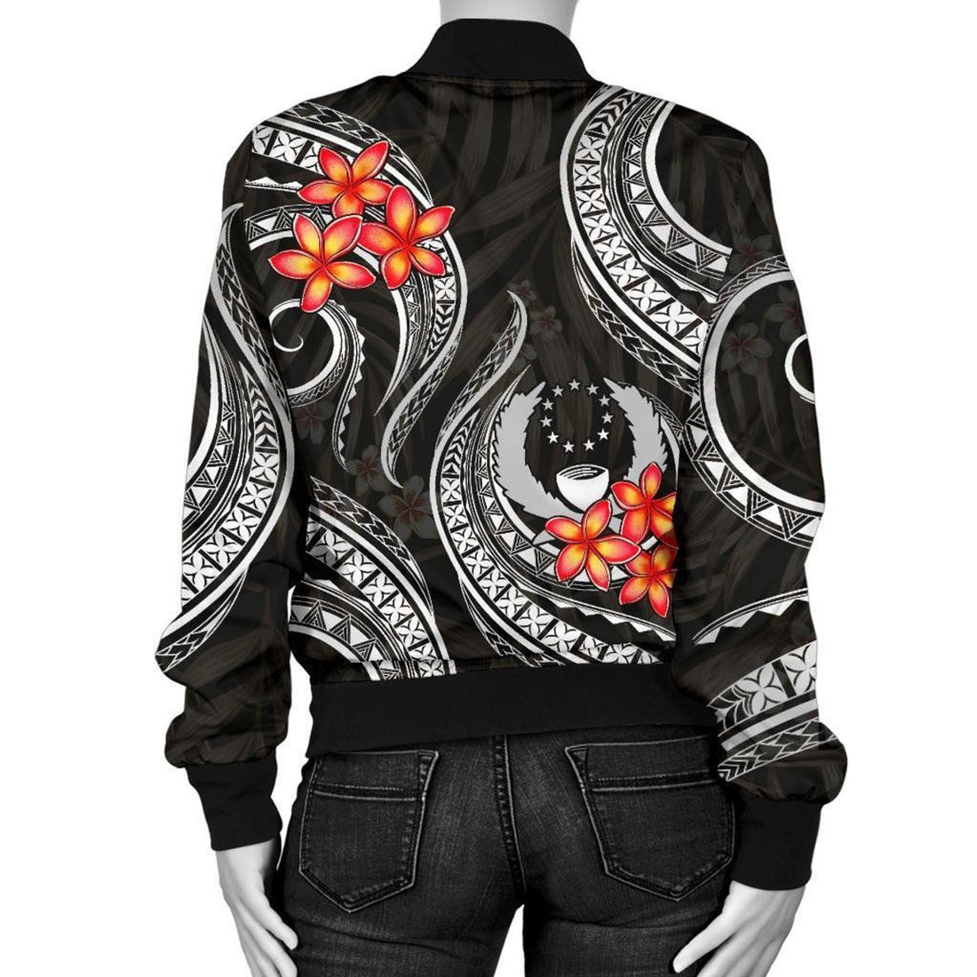 FUNSTUFFPRINT Pohnpei Micronesian Women Bomber Jacket - Black Plumeria - 3D Bomber Jacket