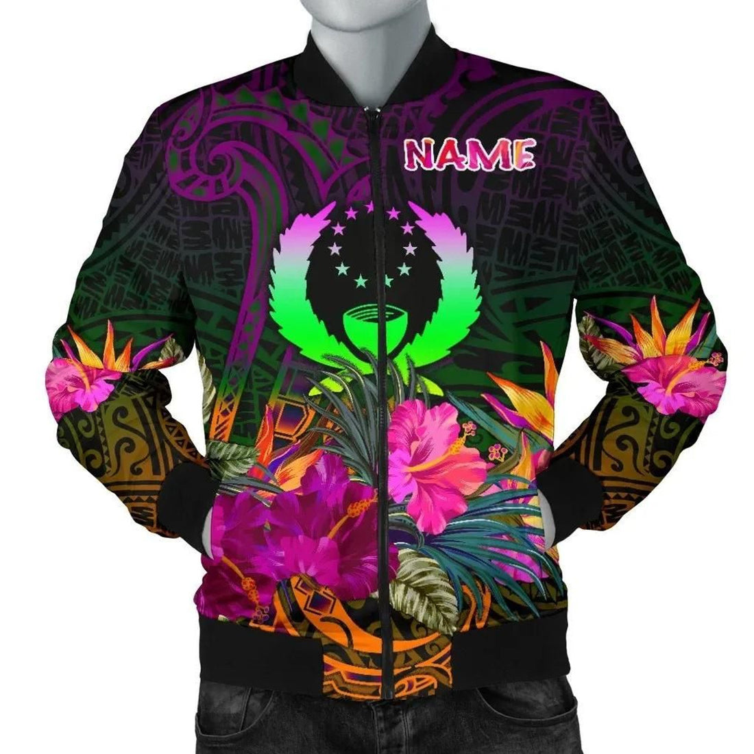 FUNSTUFFPRINT Pohnpei Personalised Men's Bomber Jacket - Summer Hibiscus - 3D Bomber Jacket