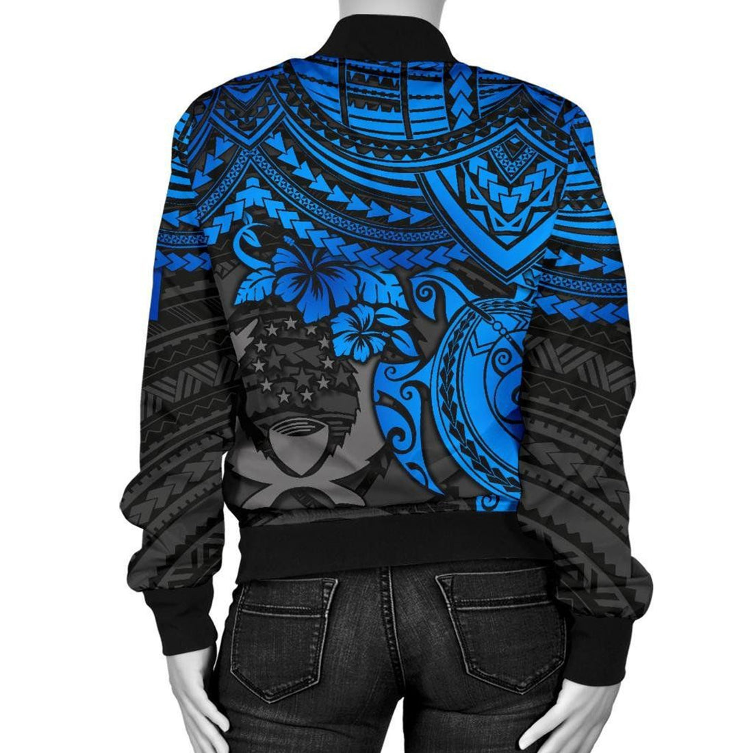 FUNSTUFFPRINT Pohnpei Polynesian Bomber Jacket (Women) - Polynesian Blue Turtle - 3D Bomber Jacket