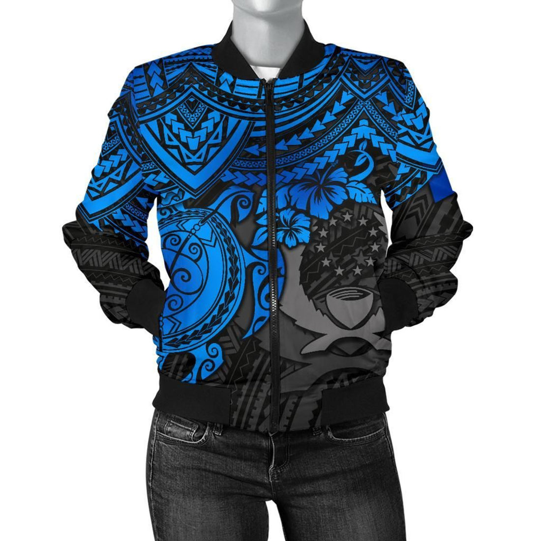 FUNSTUFFPRINT Pohnpei Polynesian Bomber Jacket (Women) - Polynesian Blue Turtle - 3D Bomber Jacket