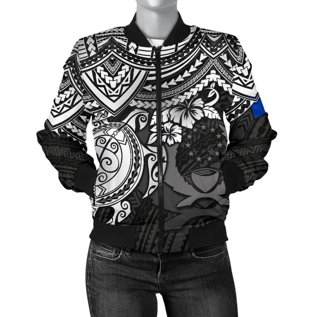 FUNSTUFFPRINT Pohnpei Polynesian Bomber Jacket (Women) - Polynesian White Turtle - 3D Bomber Jacket