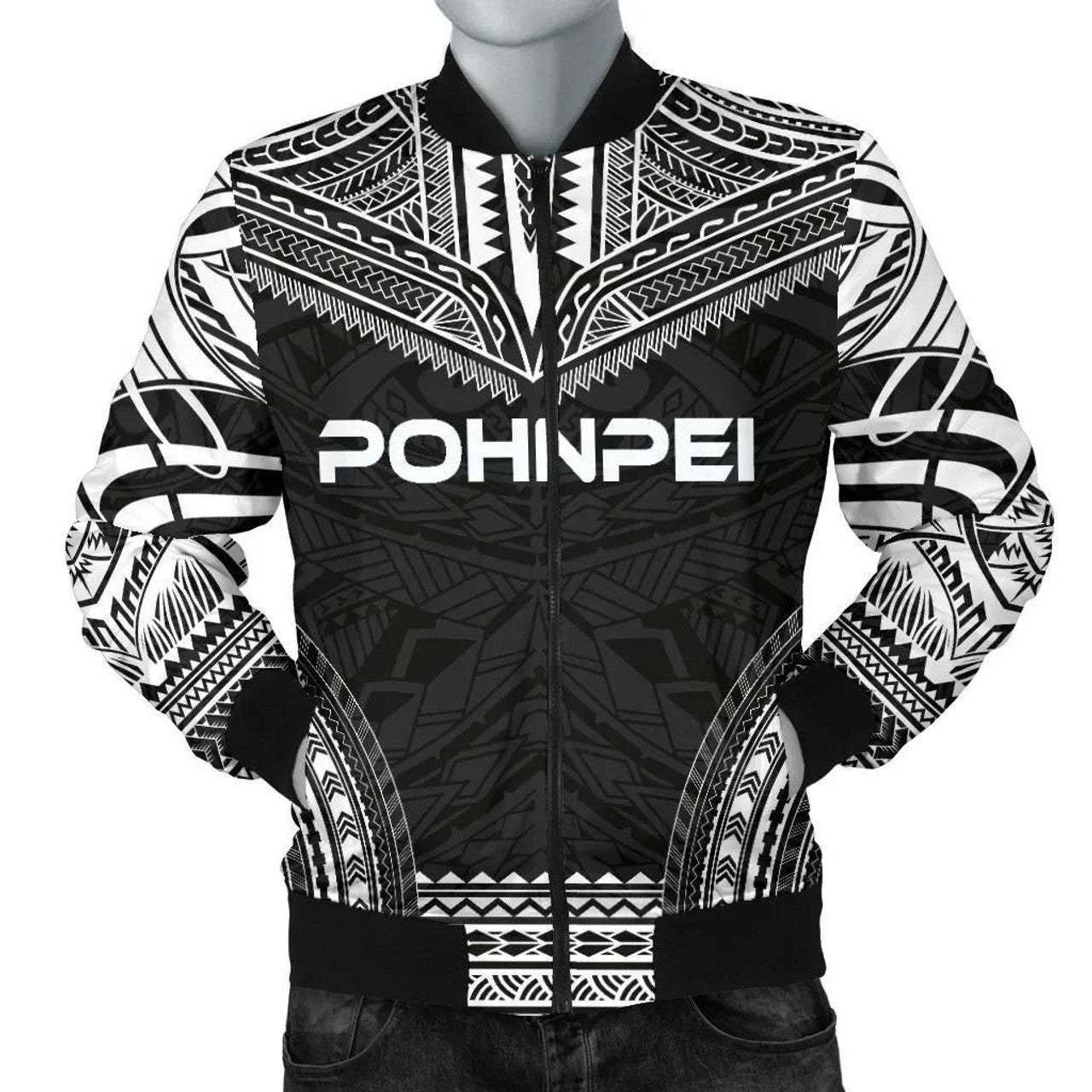 FUNSTUFFPRINT Pohnpei Polynesian Chief Men's Bomber Jacket - Black Version - 3D Bomber Jacket