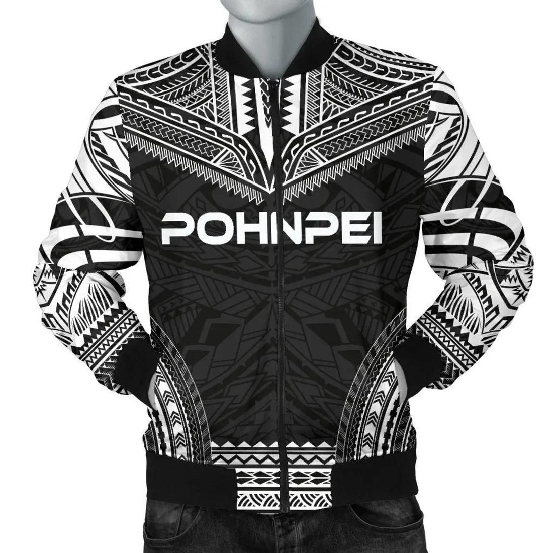 FUNSTUFFPRINT Pohnpei Polynesian Chief Men's Bomber Jacket - Black Version - 3D Bomber Jacket