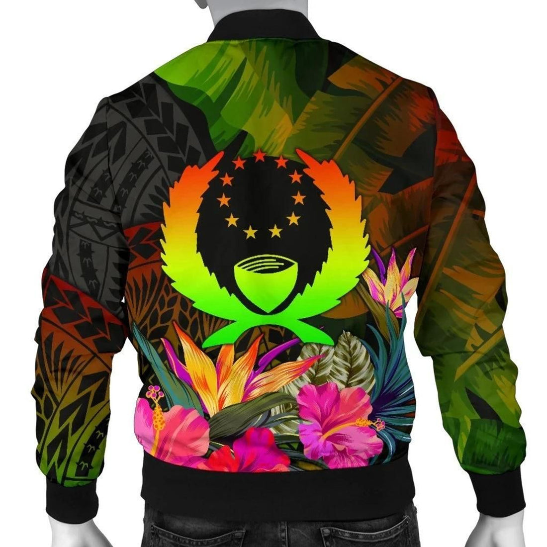 FUNSTUFFPRINT Pohnpei Polynesian Men's Bomber Jacket - Hibiscus and Banana Leaves - 3D Bomber Jacket