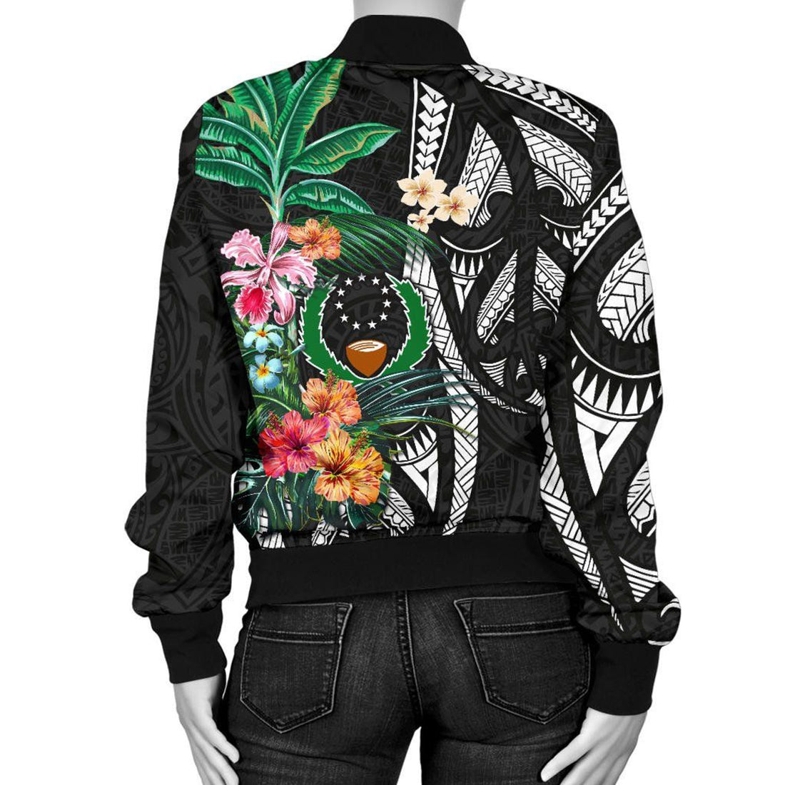 FUNSTUFFPRINT Pohnpei Women's Bomber Jacket Coat Of Arms Polynesian With Hibiscus 3D Bomber Jacket