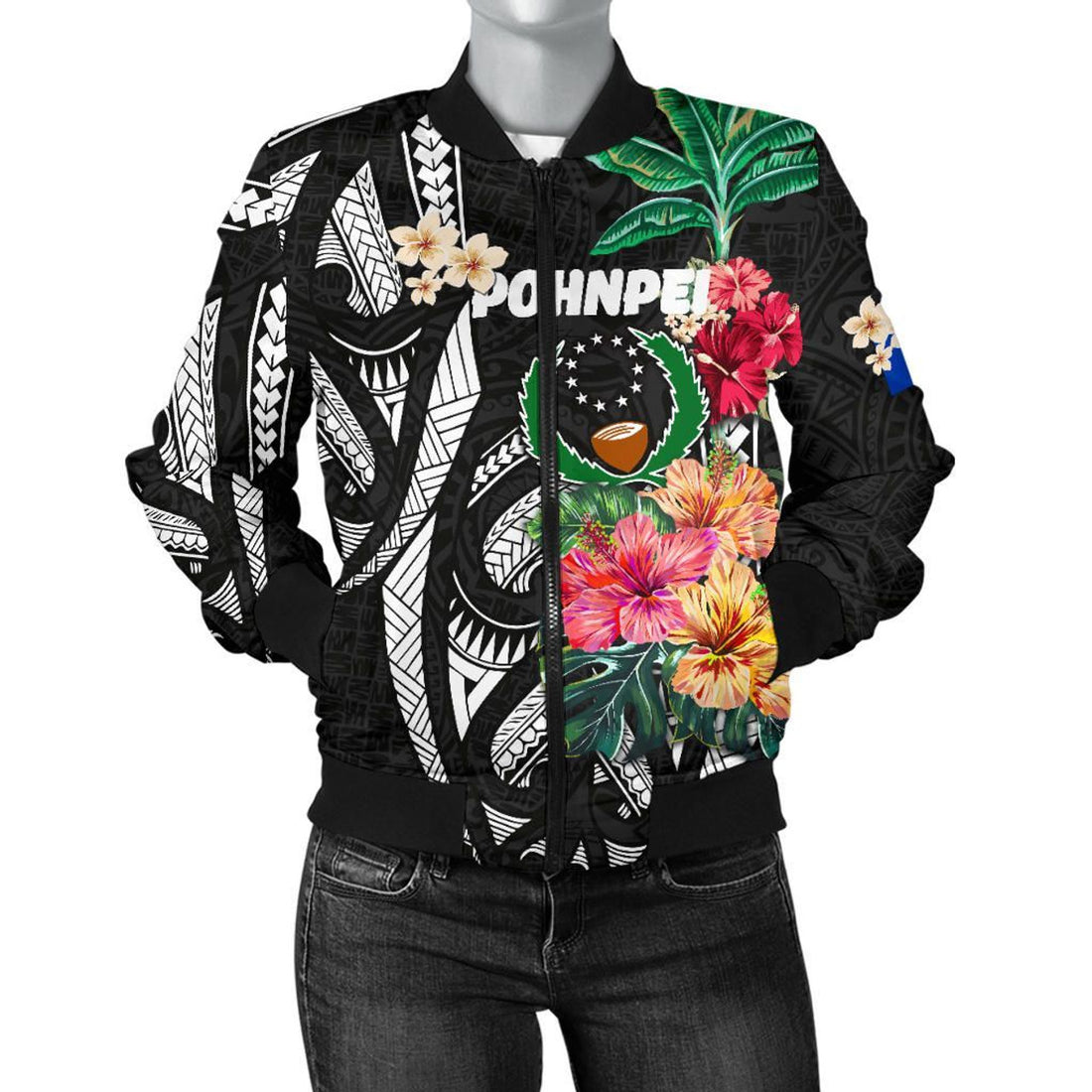 FUNSTUFFPRINT Pohnpei Women's Bomber Jacket Coat Of Arms Polynesian With Hibiscus 3D Bomber Jacket