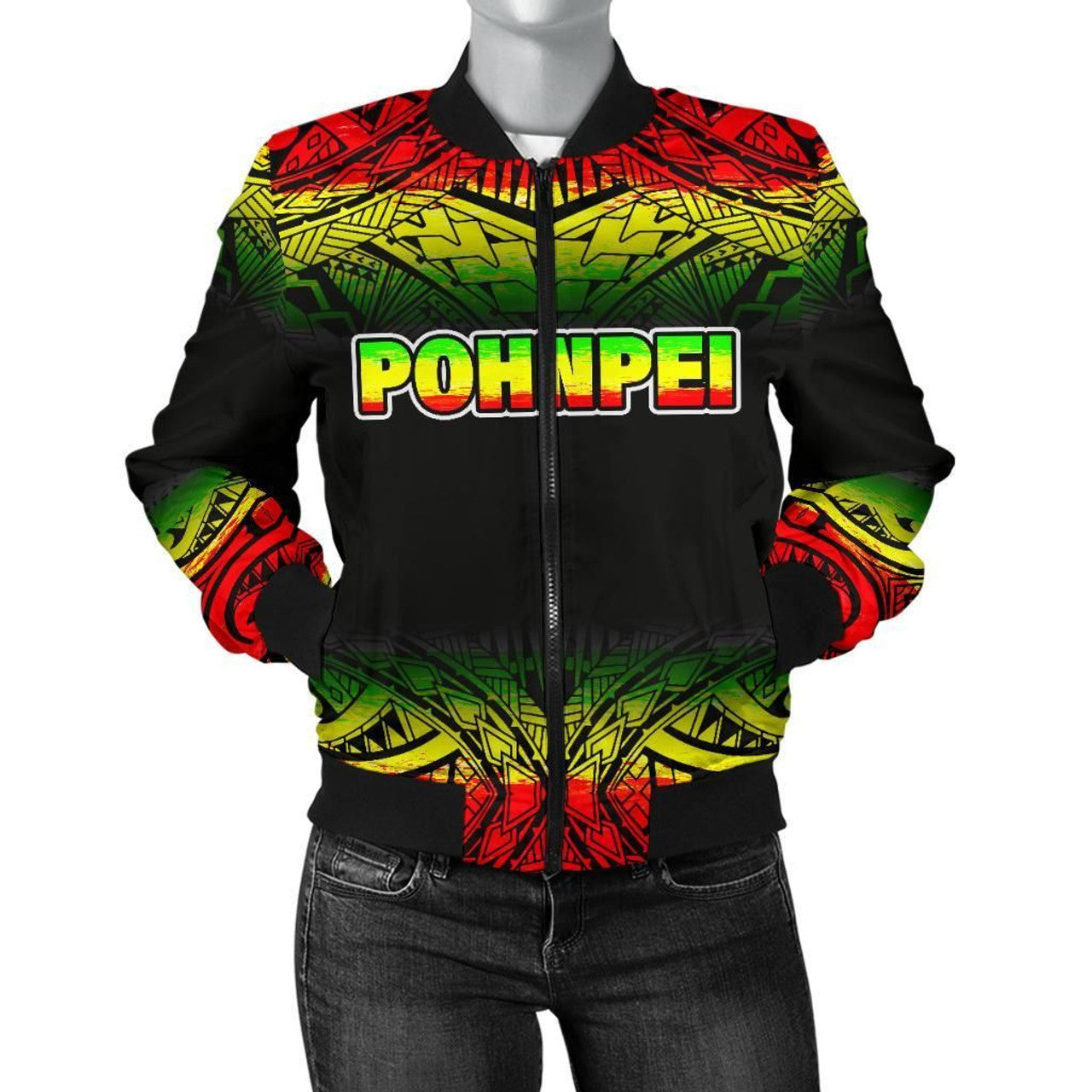 FUNSTUFFPRINT Pohnpei Women's Bomber Jacket - Fog Reggae Style - 3D Bomber Jacket