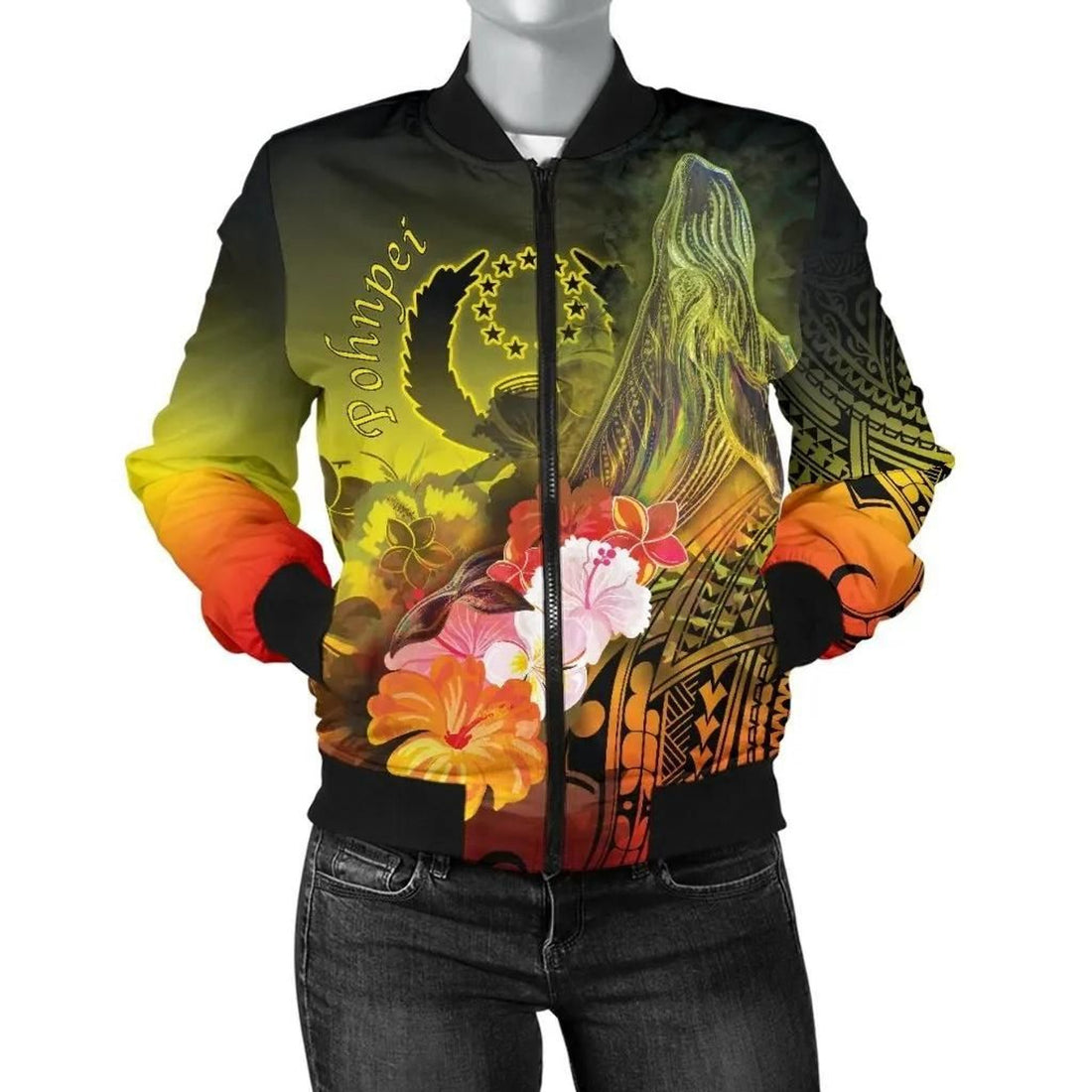 FUNSTUFFPRINT Pohnpei Women's Bomber Jacket - Humpback Whale with Tropical Flowers (Yellow)- 3D Bomber Jacket