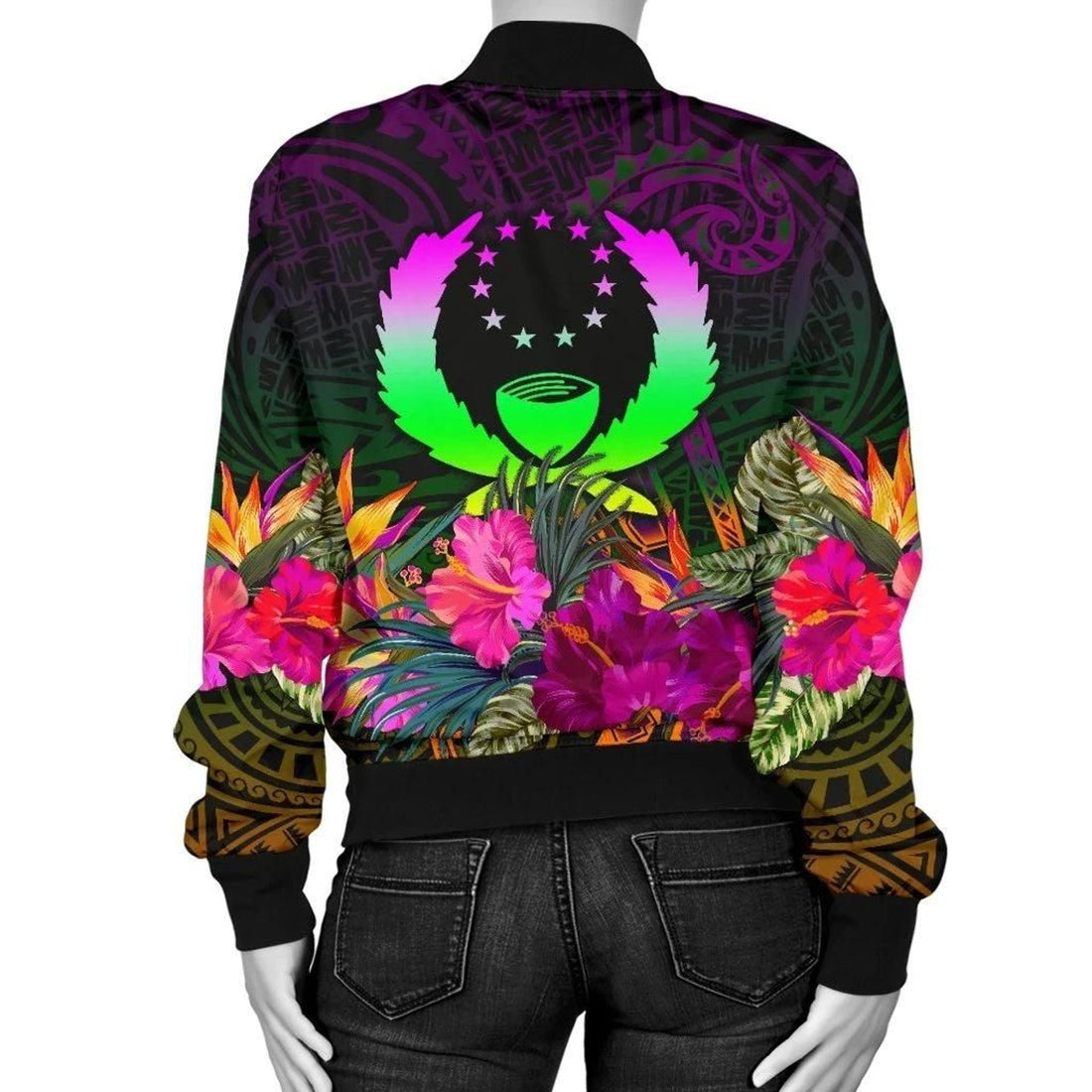 FUNSTUFFPRINT Pohnpei Women's Bomber Jacket - Summer Hibiscus - 3D Bomber Jacket