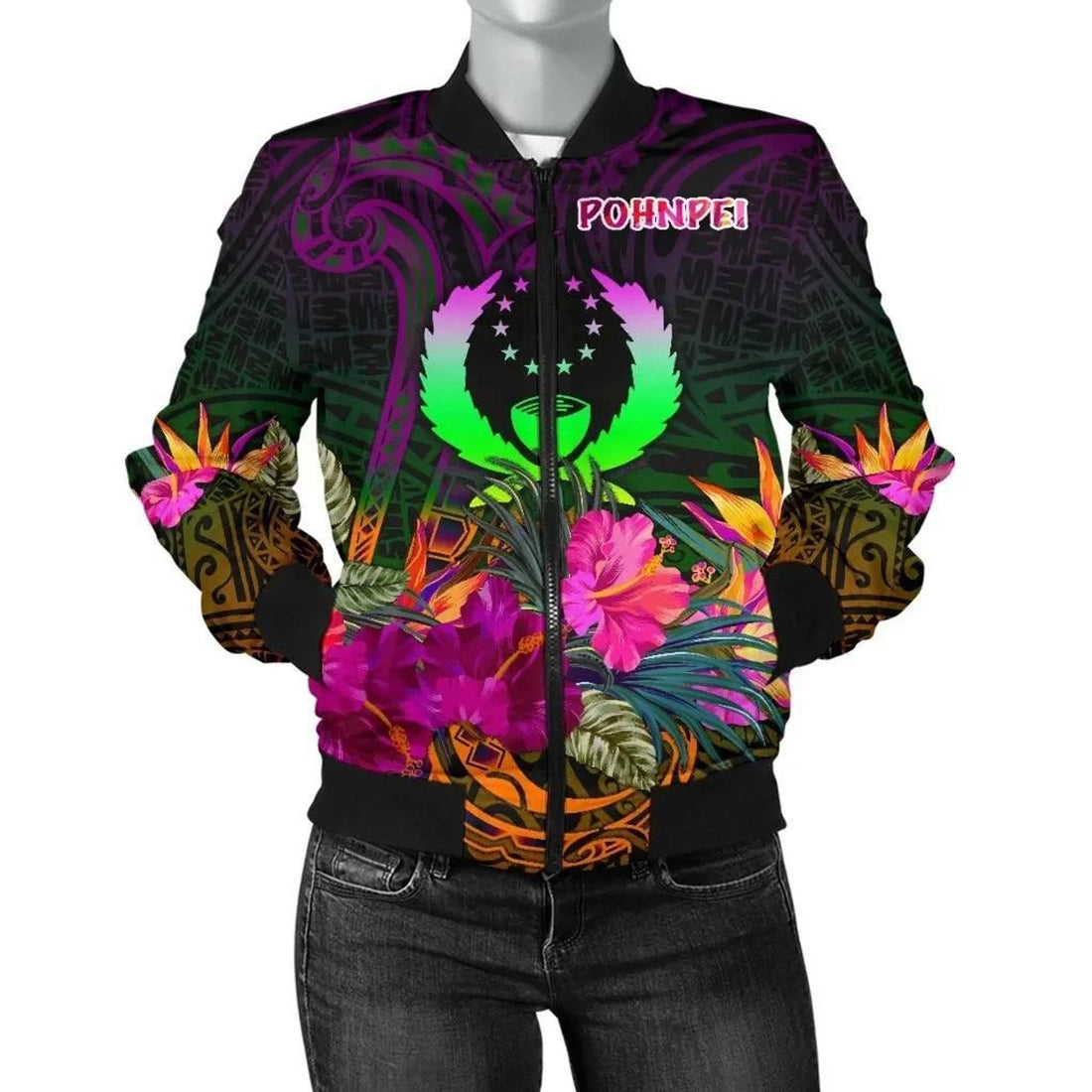 FUNSTUFFPRINT Pohnpei Women's Bomber Jacket - Summer Hibiscus - 3D Bomber Jacket