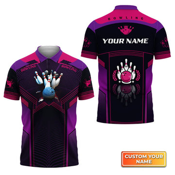 Custom The Blue Bowling Ball Crashing The Pins Purple Pattern Personalized Name 3D Polo Shirt