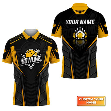 Custom Unisex Bowling Pin And Bowl Ball Yellow Personalized Name 3D Polo Shirt Gift For Bowler