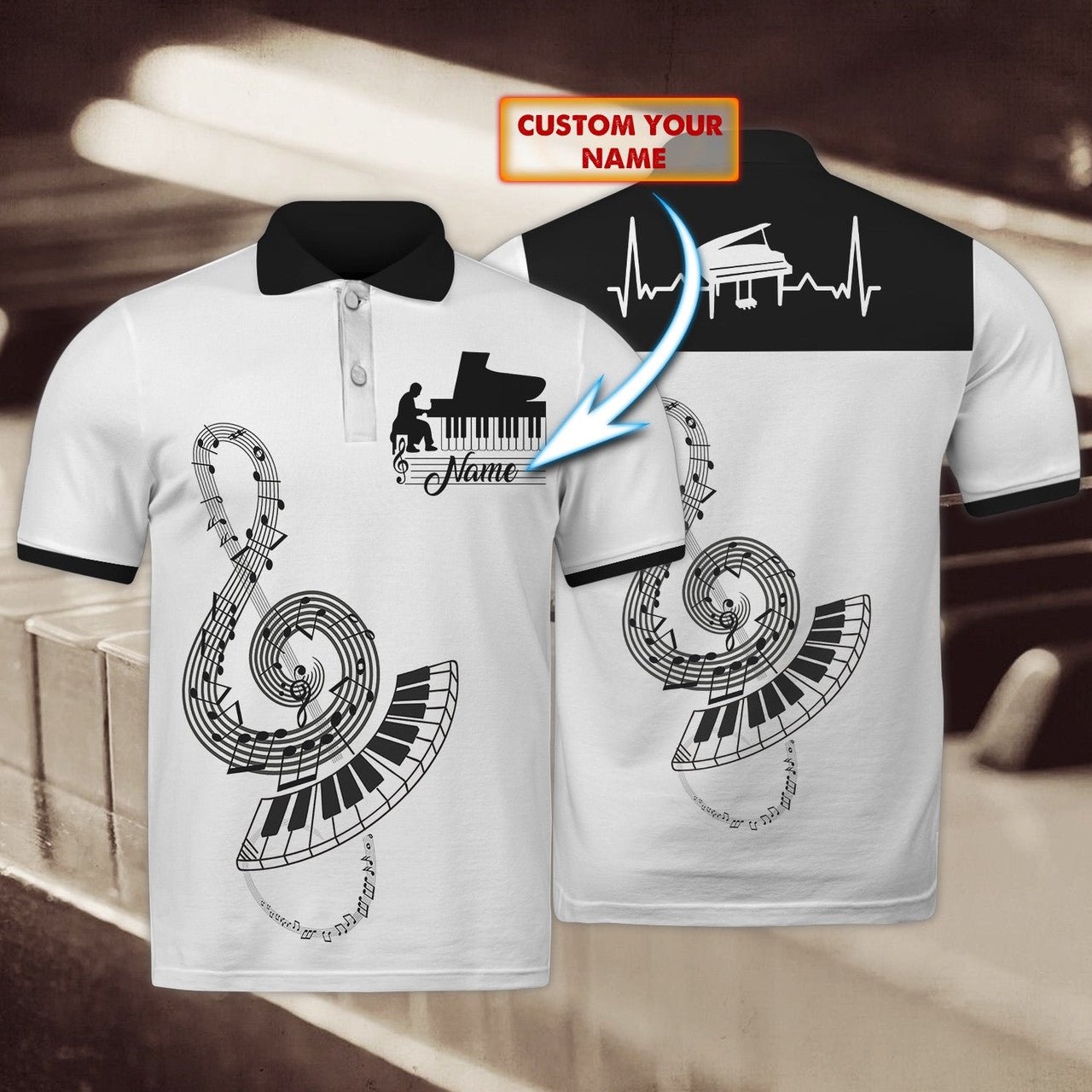 FUNSTUFFPRINT Piano 01 - Personalized Name 3D Polo Shirt