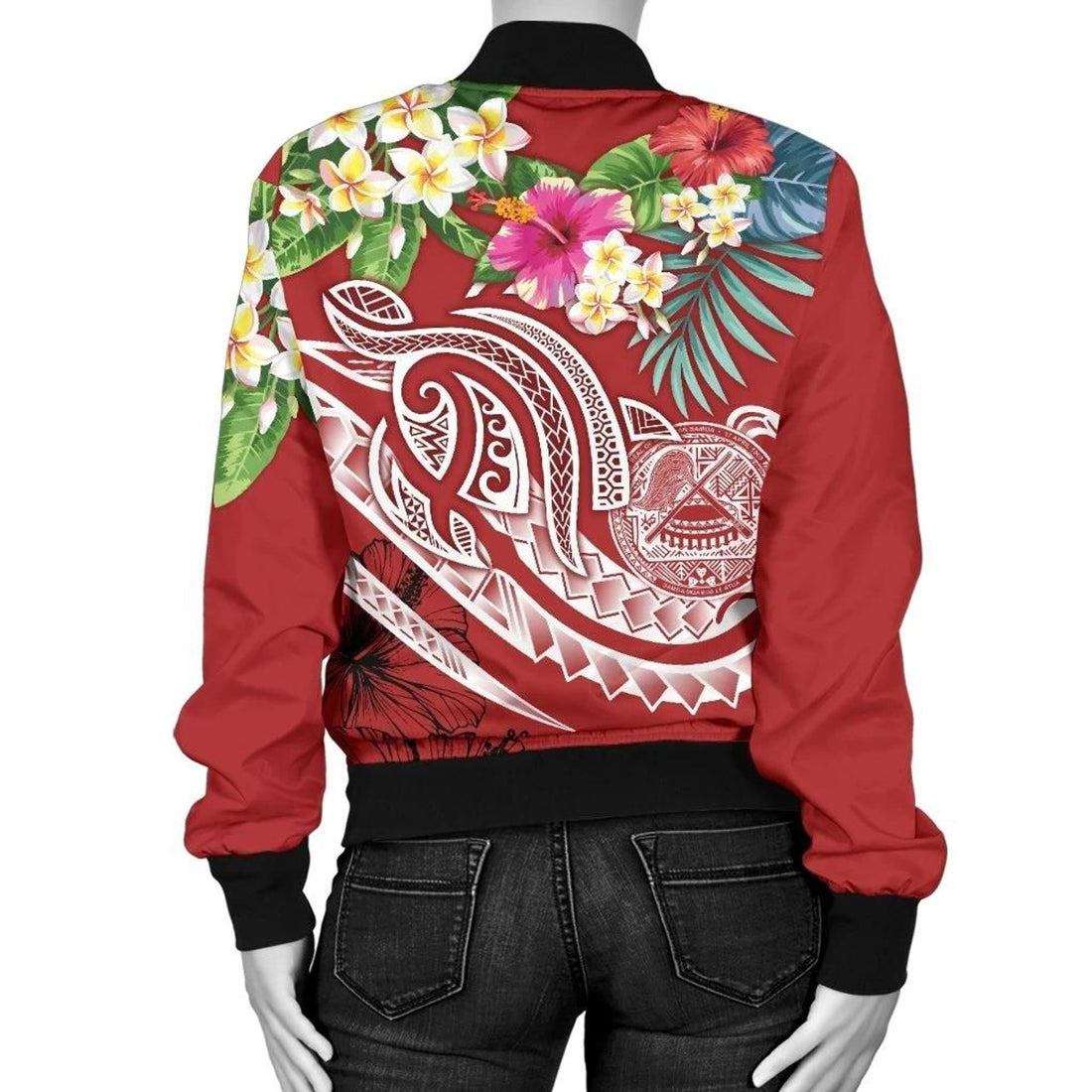 FUNSTUFFPRINT Polynesian American Samoa Women's Bomber Jacket - Summer Plumeria (Red) - 3D Bomber Jacket