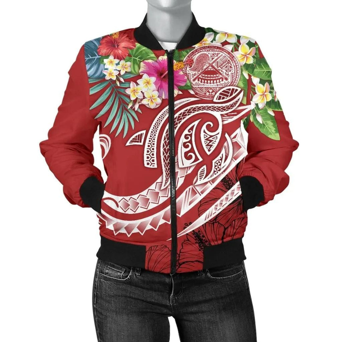 FUNSTUFFPRINT Polynesian American Samoa Women's Bomber Jacket - Summer Plumeria (Red) - 3D Bomber Jacket