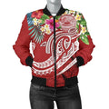 FUNSTUFFPRINT Polynesian American Samoa Women's Bomber Jacket - Summer Plumeria (Red) - 3D Bomber Jacket