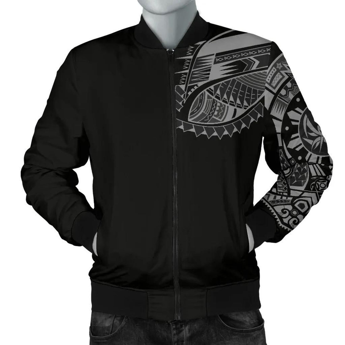 FUNSTUFFPRINT Polynesian Chest Tattoo Men's Bomber Jacket Gray 3D Bomber Jacket