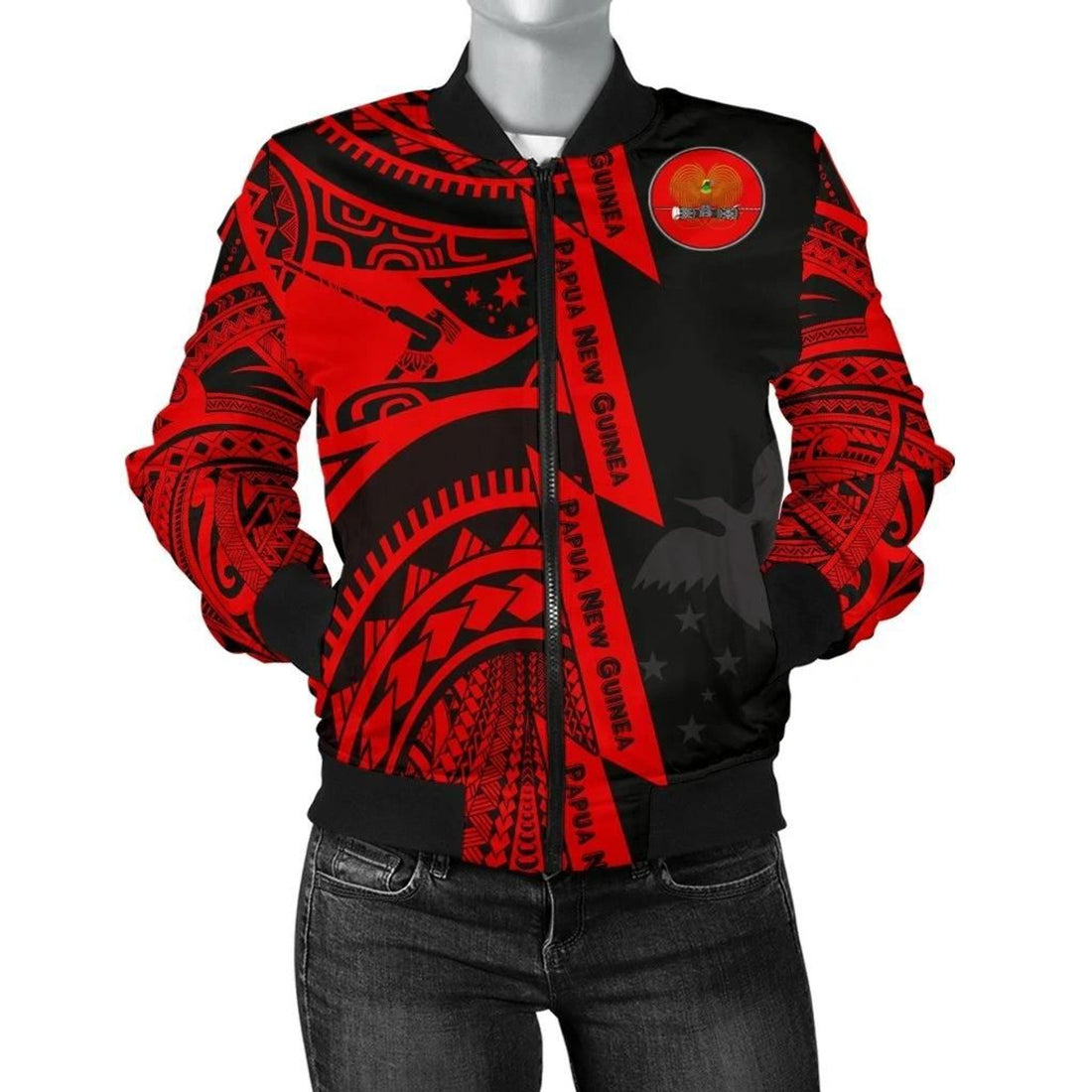 FUNSTUFFPRINT Polynesian Guinea Women's Bomber Jacket - Moana Maui Tattoo With Coat Of Arm Guinea Red - 3D Bomber Jacket