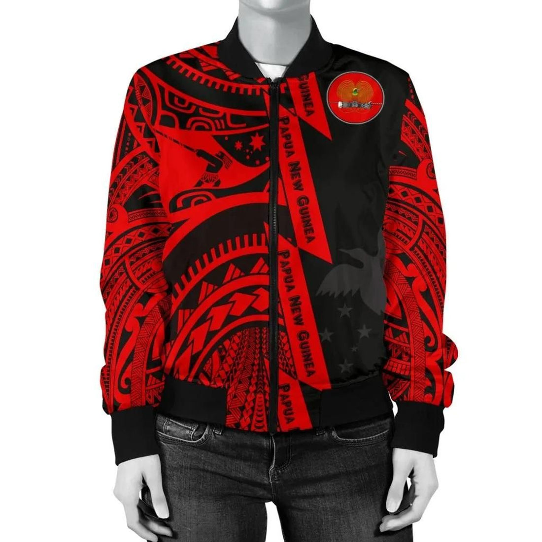 FUNSTUFFPRINT Polynesian Guinea Women's Bomber Jacket - Moana Maui Tattoo With Coat Of Arm Guinea Red - 3D Bomber Jacket