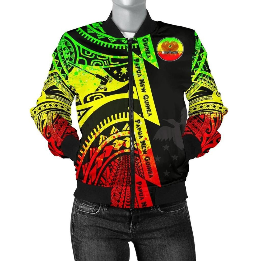 FUNSTUFFPRINT Polynesian Guinea Women's Bomber Jacket - Moana Maui Tattoo With Coat Of Arm Guinea Reggea - 3D Bomber Jacket