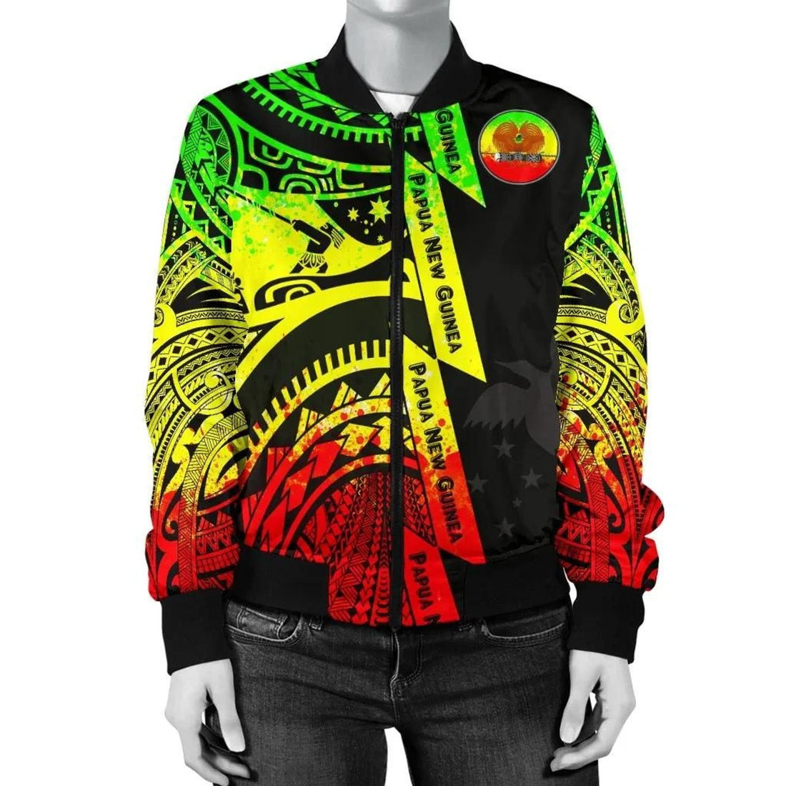 FUNSTUFFPRINT Polynesian Guinea Women's Bomber Jacket - Moana Maui Tattoo With Coat Of Arm Guinea Reggea - 3D Bomber Jacket