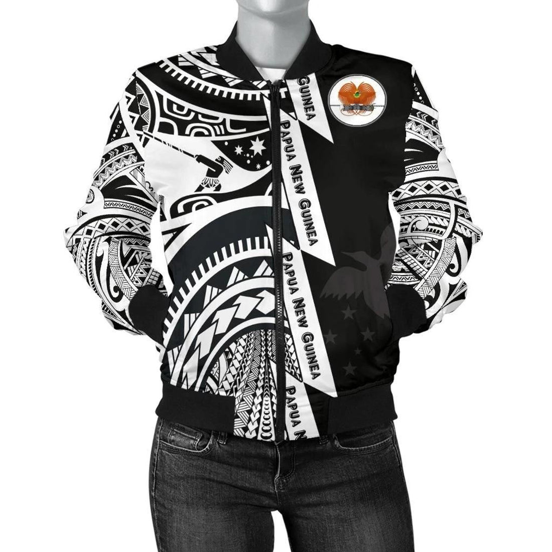 FUNSTUFFPRINT Polynesian Guinea Women's Bomber Jacket - Moana Maui Tattoo With Coat Of Arm Guinea White - 3D Bomber Jacket