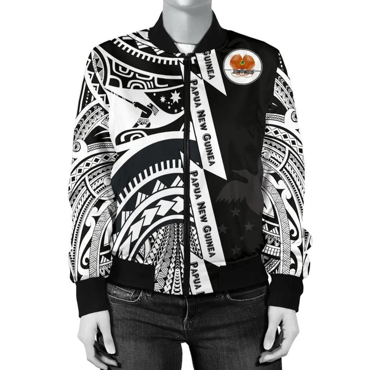 FUNSTUFFPRINT Polynesian Guinea Women's Bomber Jacket - Moana Maui Tattoo With Coat Of Arm Guinea White - 3D Bomber Jacket