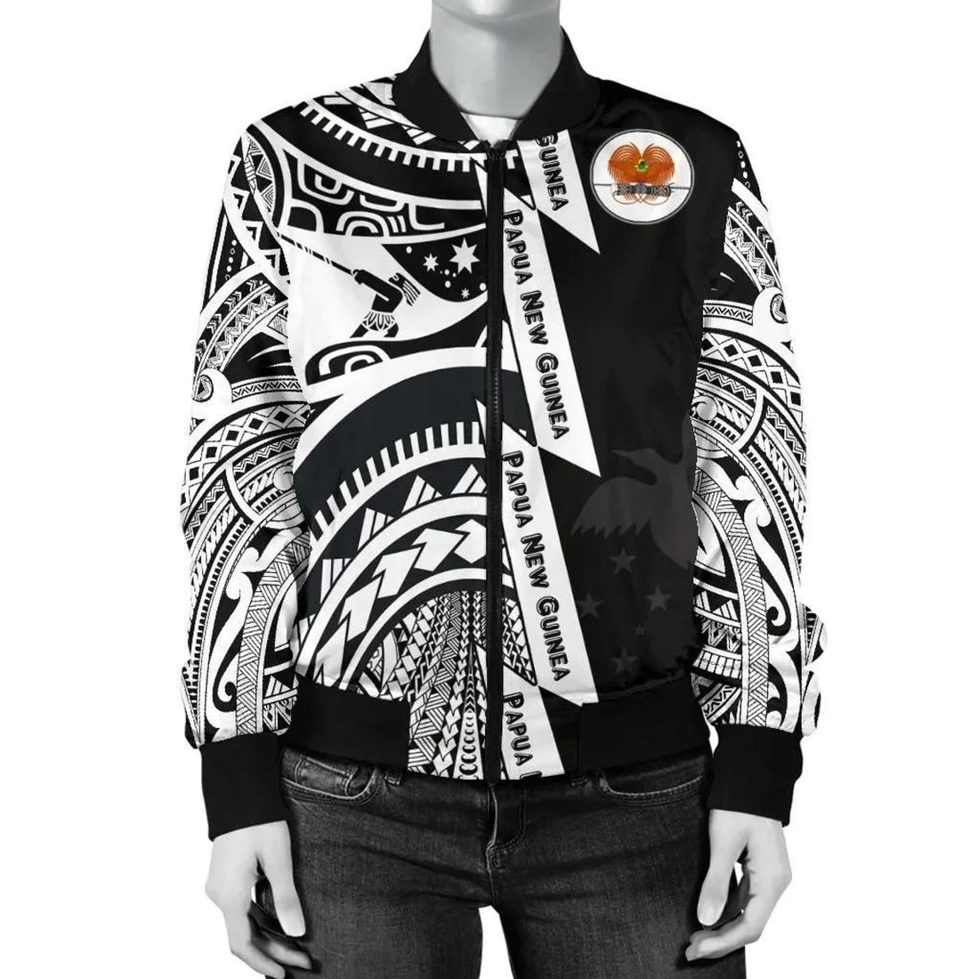 FUNSTUFFPRINT Polynesian Guinea Women's Bomber Jacket - Moana Maui Tattoo With Coat Of Arm Guinea White - 3D Bomber Jacket