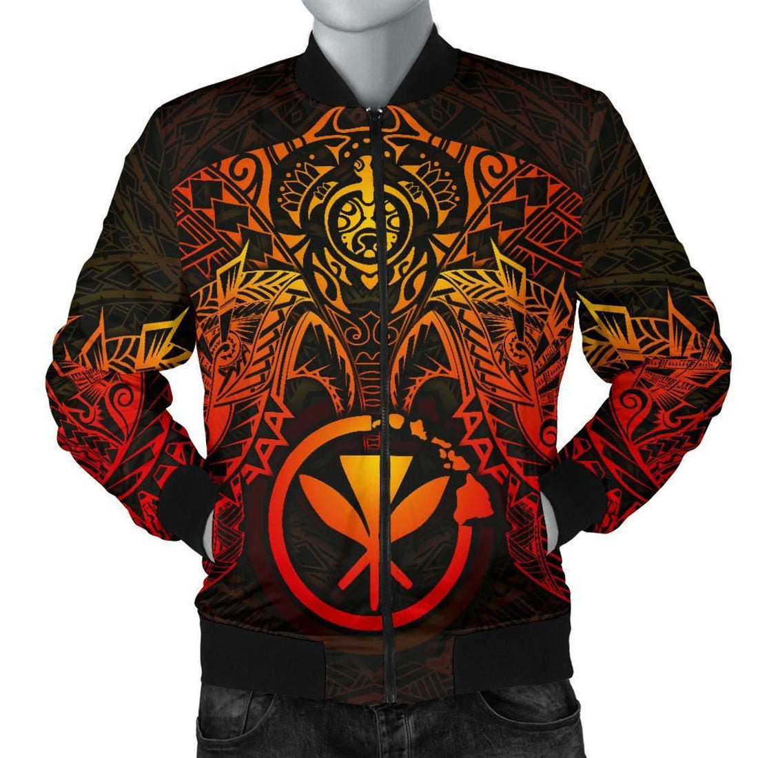 FUNSTUFFPRINT Polynesian Hawaii Bomber Jacket (Men) - Red Turtle Manta Ray - 3D Bomber Jacket