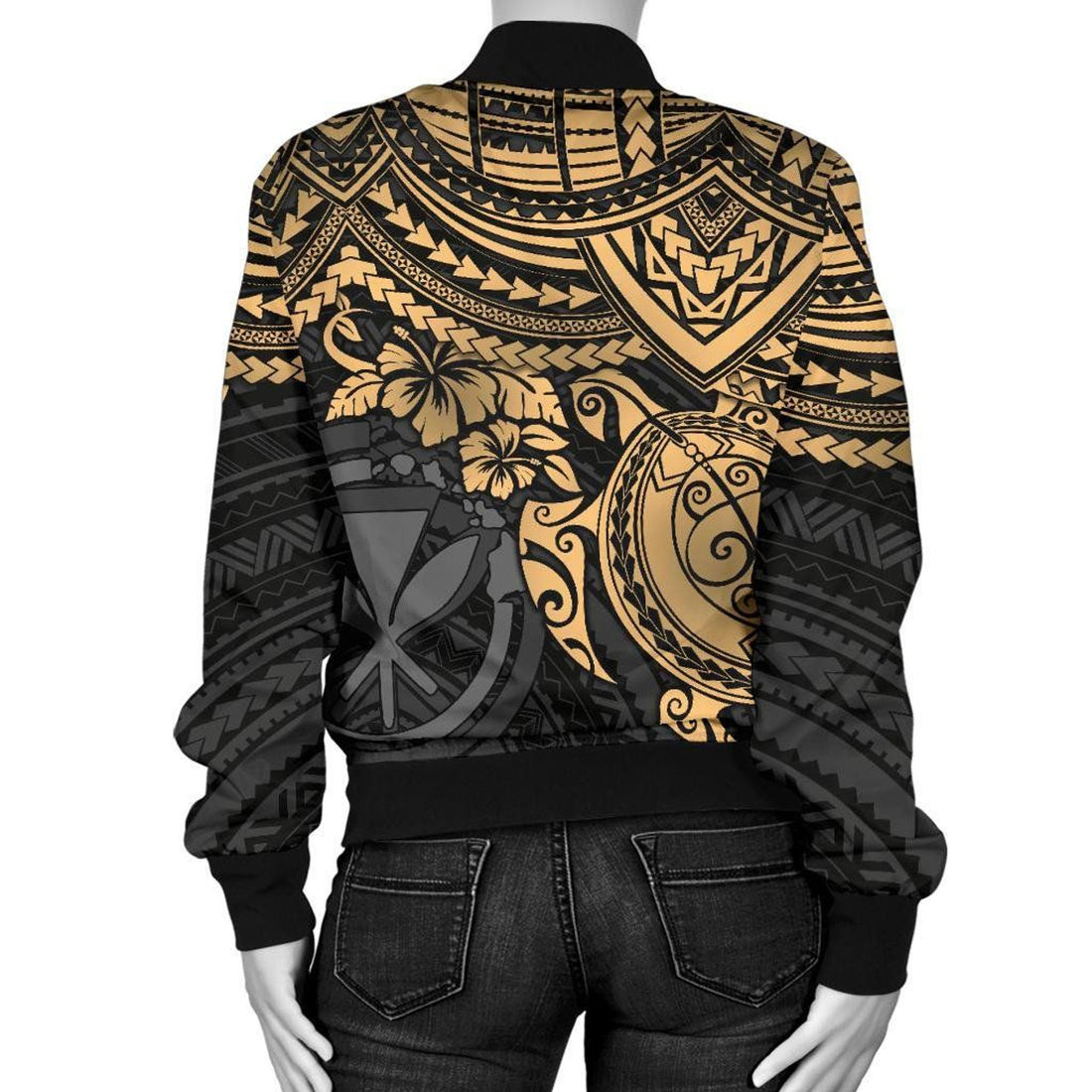 FUNSTUFFPRINT Polynesian Hawaii Bomber Jacket (Women) - Gold Turtle - 18 3D Bomber Jacket