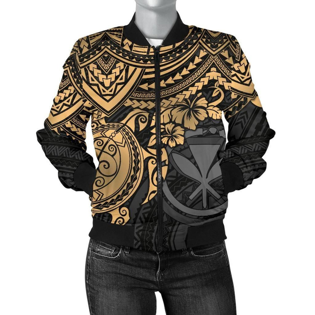 FUNSTUFFPRINT Polynesian Hawaii Bomber Jacket (Women) - Gold Turtle - 18 3D Bomber Jacket