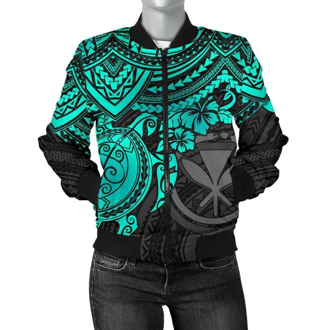 FUNSTUFFPRINT Polynesian Hawaii Bomber Jacket (Women) - Turquoise Turtle - 3D Bomber Jacket