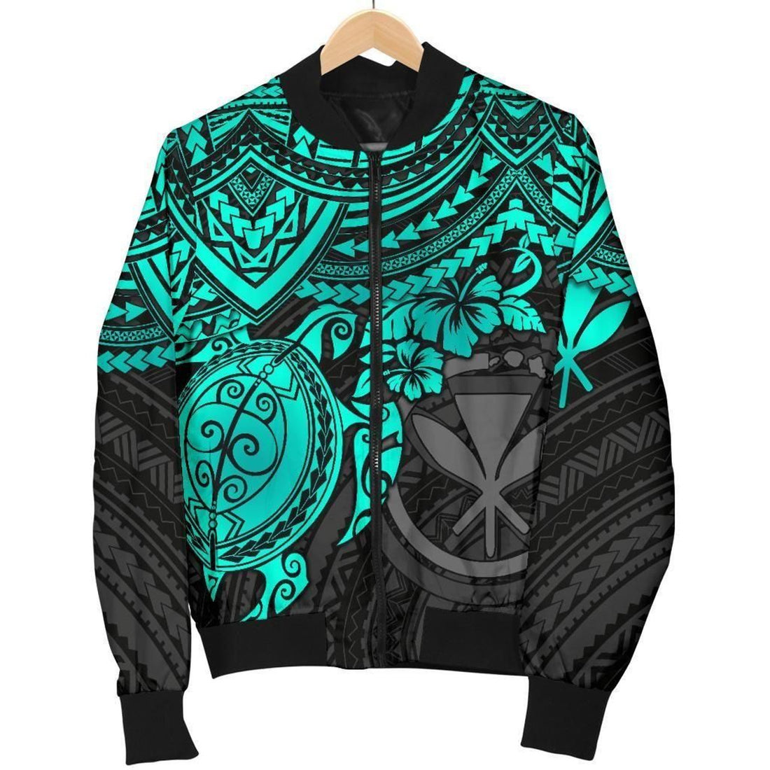FUNSTUFFPRINT Polynesian Hawaii Bomber Jacket (Women) - Turquoise Turtle - 3D Bomber Jacket