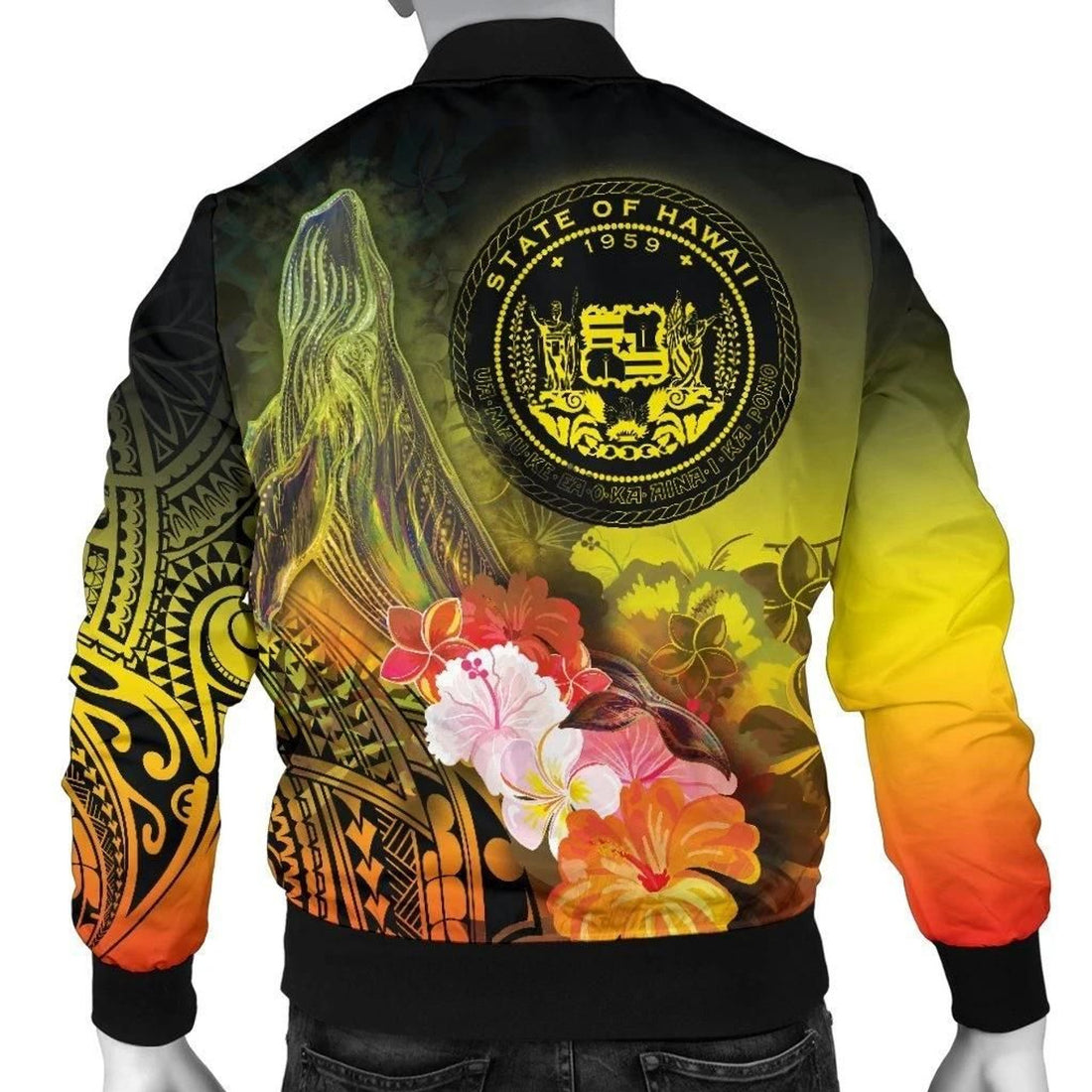 FUNSTUFFPRINT Polynesian Hawaii Custom Personalised Men's Bomber Jacket - Humpback Whale with Tropical Flowers (Yellow)- 3D Bomber Jacket