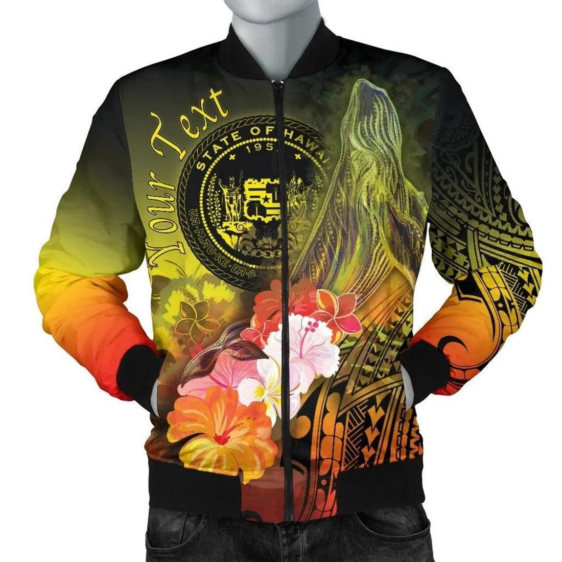FUNSTUFFPRINT Polynesian Hawaii Custom Personalised Men's Bomber Jacket - Humpback Whale with Tropical Flowers (Yellow)- 3D Bomber Jacket